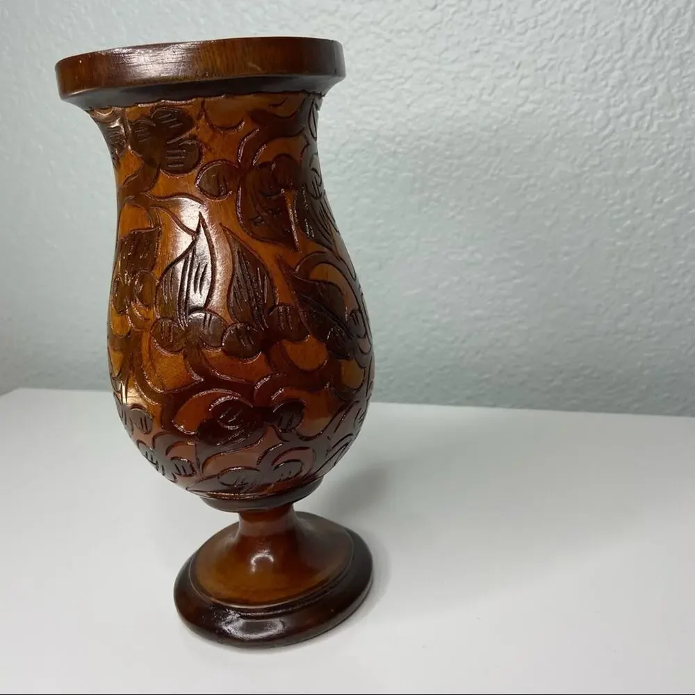 Vintage Hand Craved Wood Vase